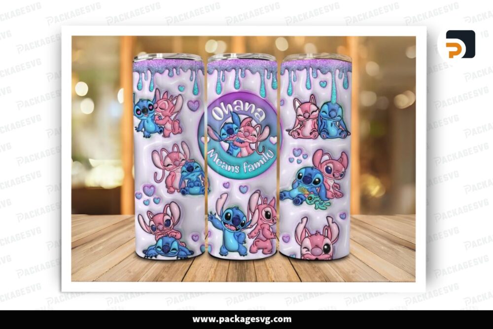 3D Inflated Ohana Means Family Stitch Sublimation Design, Valentine 20oz Skinny Tumbler Wrap (2)