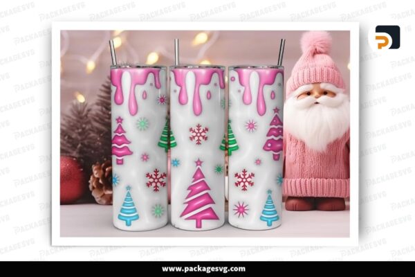 3D Inflated Pink Christmas Tree Sublimation, 20oz Skinny Tumbler Wrap Free Download