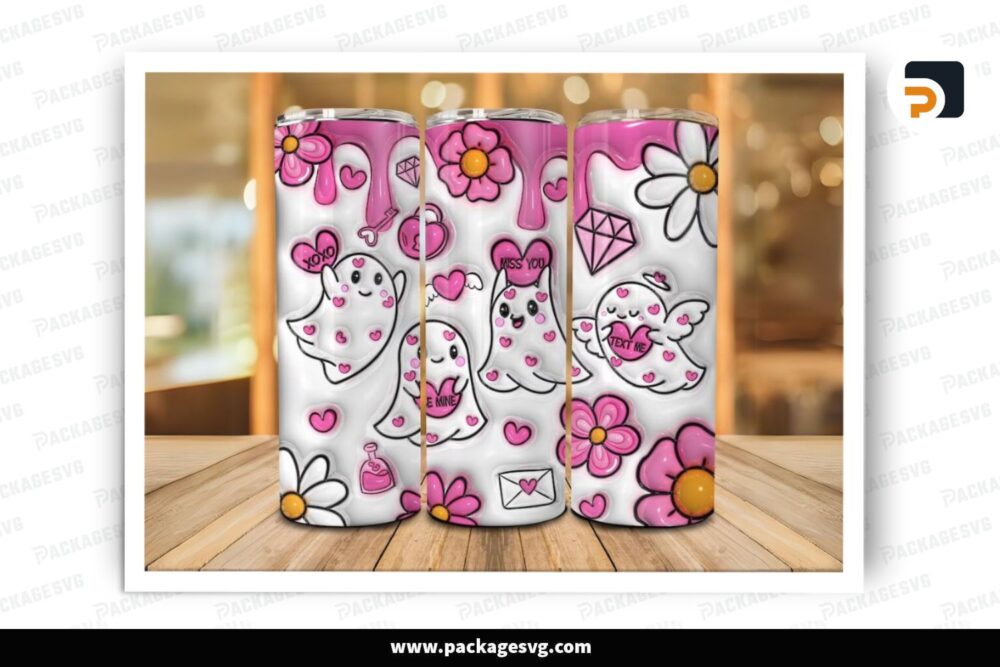 3D Inflated Pink Ghost Sublimation Design, Valentine 20oz Skinny Tumbler Wrap (2)