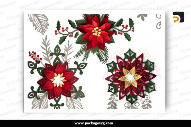 3D Poinsettia Flower Bundle, 3 Christmas SVG Paper Cut Files (4)