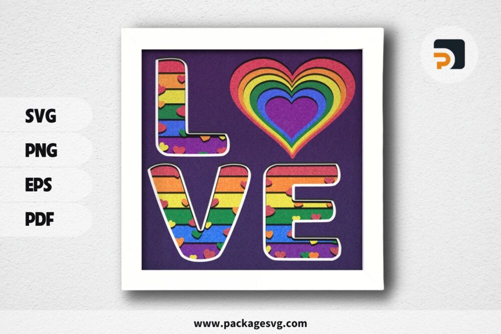 3D Pride Rainbow Love Shadowbox, Valentine SVG Paper Cut File (1)
