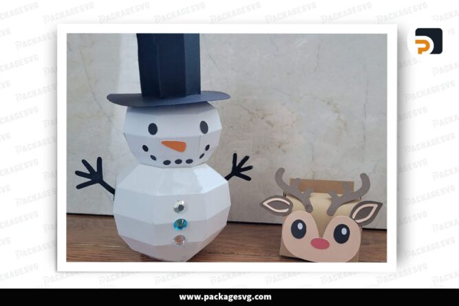 3D Snowman And Reindeer Gift Holder, SVG Paper Cut File