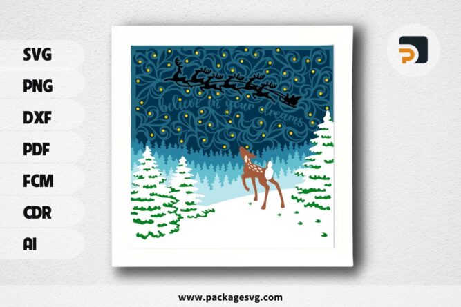 3D Winter Deer Shadowbox, Christmas SVG Paper Cut File (1)