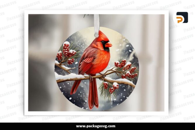Cardinal On A Snowy Branch Ornament, Christmas PNG Sublimation Design (2)