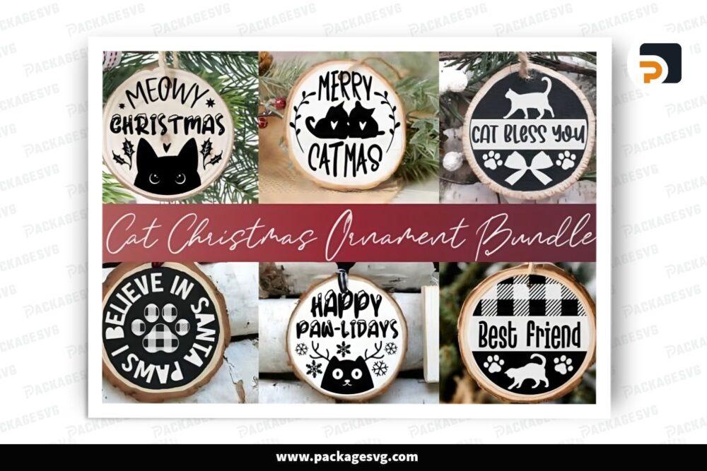 Cat Round Ornament SVG Bundle, 6 Christmas Design Files (2)