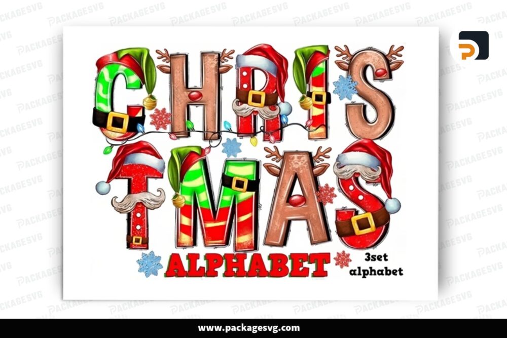 Christmas Doodle Alphabet Bundle, 3 Set Alphabet PNG Sublimation Designs (3)
