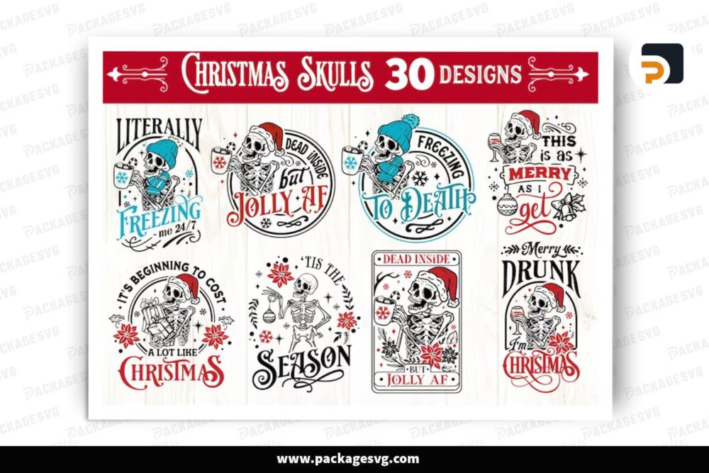 Christmas Skulls SVG Bundle, 30 Xmas Design Files (2)