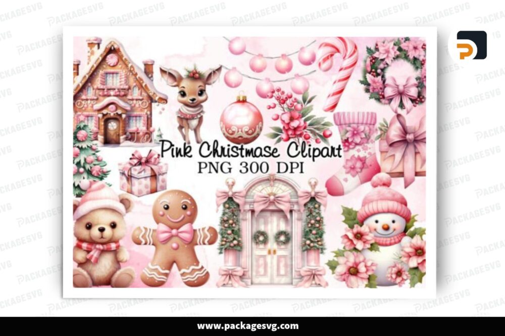 Cute Pink Christmas Clipart Bundle, 15 PNG Sublimation Designs LPQCK0W7 (4)