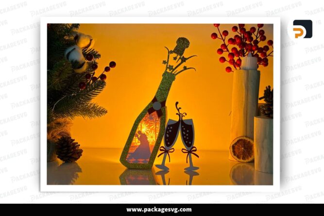 Dancing Couple Champagne Lantern, New Year SVG Paper Cut File (3)