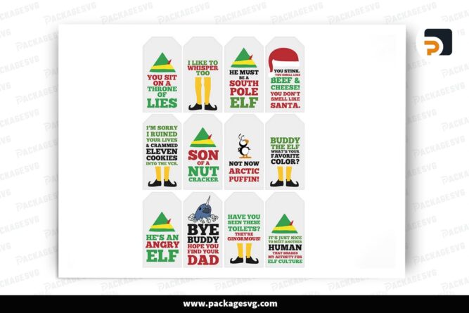 Funny Elf Quote Gift Tags, 12 Christmas SVG Paper Cut File (2)