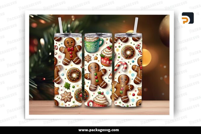 Gingerbread Man and Donuts Sublimation Design, 20oz Skinny Tumbler Wrap (2)