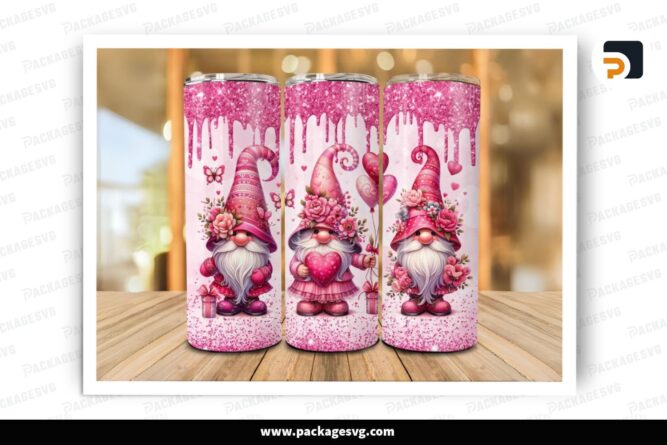 Glitter Pink Gnomies Sublimation Design, Valentine 20oz Skinny Tumbler Wrap (2)