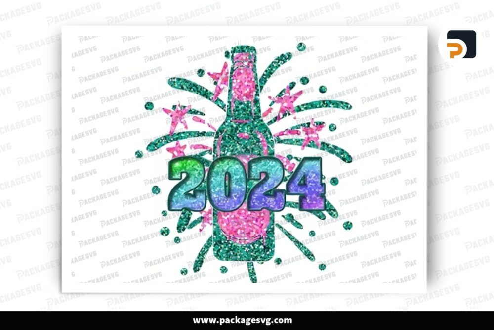 Happy New Year 2024, Sparkly Champagne PNG Sublimation Design (2)