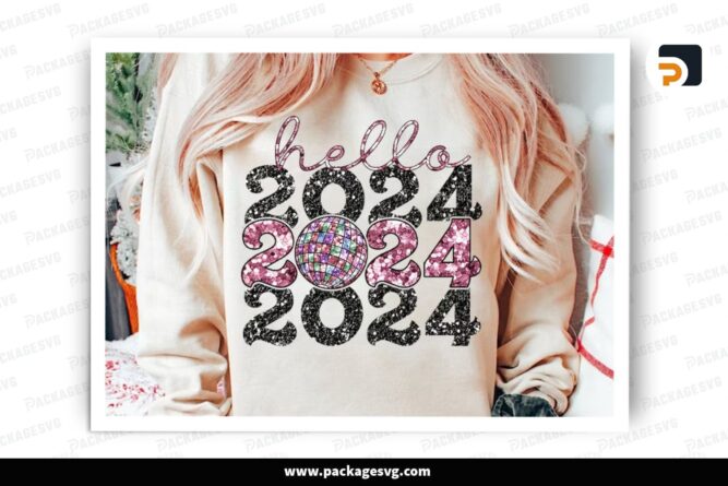 Hello 2024 Glitter Sequins, New Year PNG Sublimation Design (3)