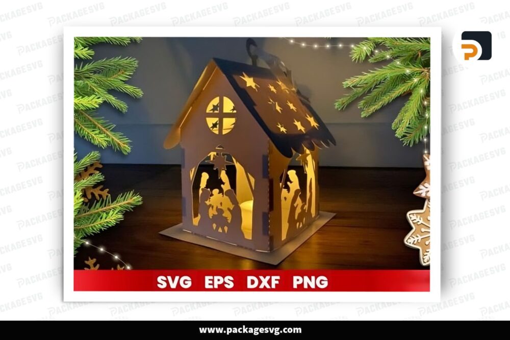 Nativity Christmas House Lantern, SVG Paper Cut File (2)