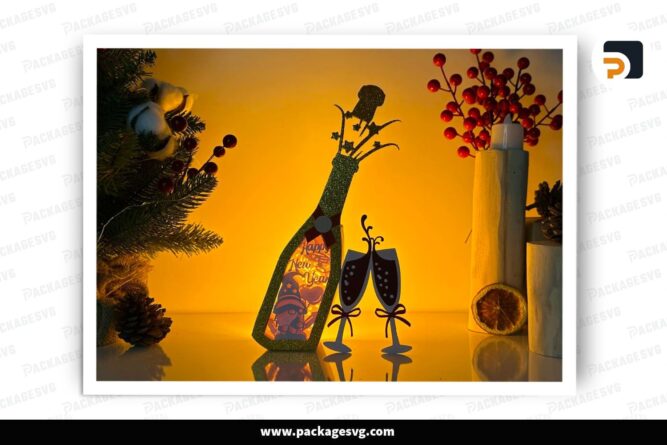 New Year Gnome Champagne Lantern, SVG Paper Cut File (3)