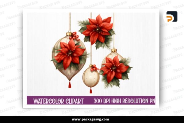 Red Flower Christmas Ornament Clipart, PNG Sublimation Design Free Download