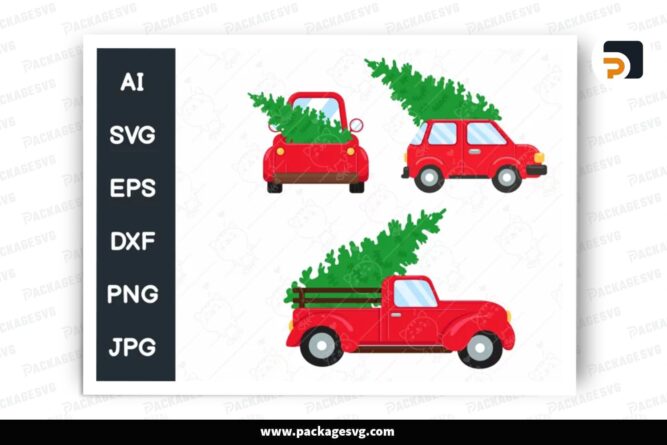 Red Pickup Truck Carrying Christmas Tree SVG Bundle, 3 Design Cut File