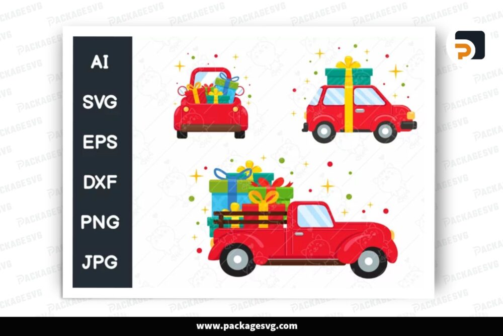 Red Pickup Truck Carrying Gift Box SVG Bundle, 3 Design Cut Files LPPK6RWC