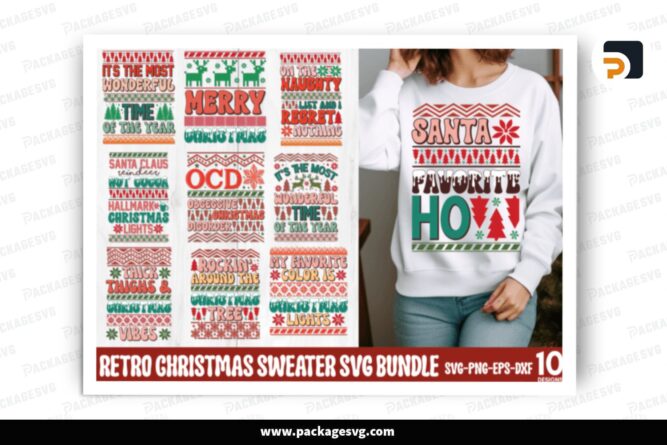 Retro Ugly Christmas Sweater SVG Bundle, 10 Design Cut Files LPPDHEUI