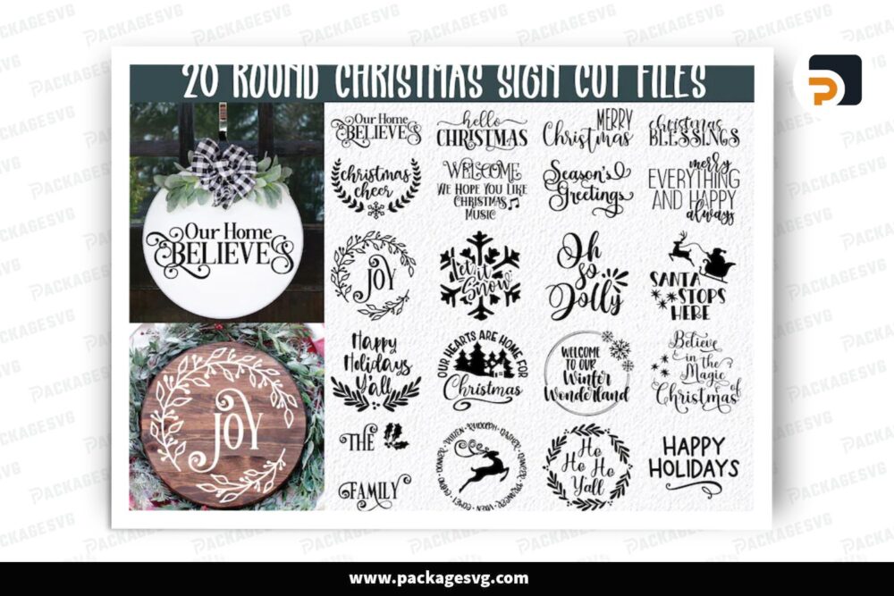 Round Christmas Signs SVG Bundle, 20 Design Files (1)