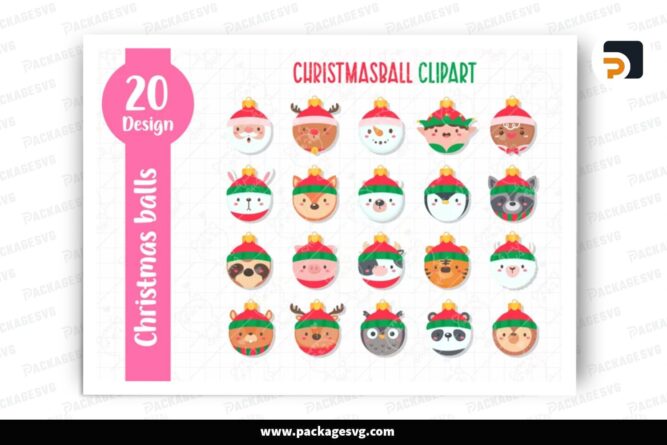 Santa Animal Ornament Clipart PNG Bundle, 20 Christmas Balls Sublimation Designs