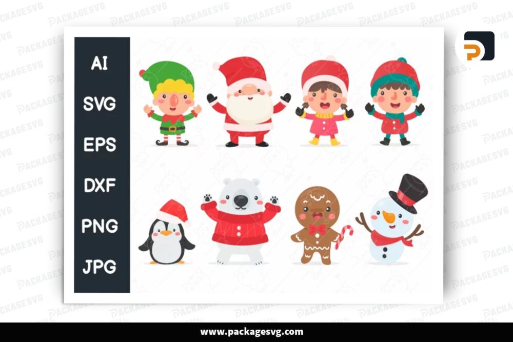 Santa Elf Snowman And Kids Characters Wearing Winter SVG Bundle, Christmas Design LPPKSQVD