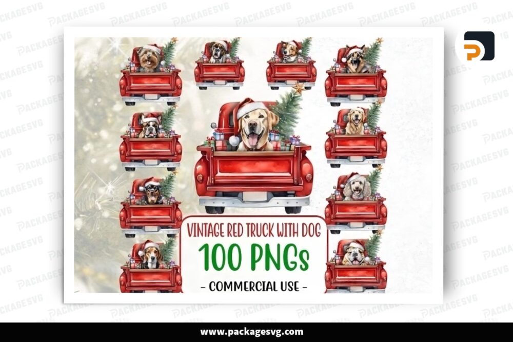 Vintage Red Truck With Dog Christmas, 100 PNG Sublimation Design (2)