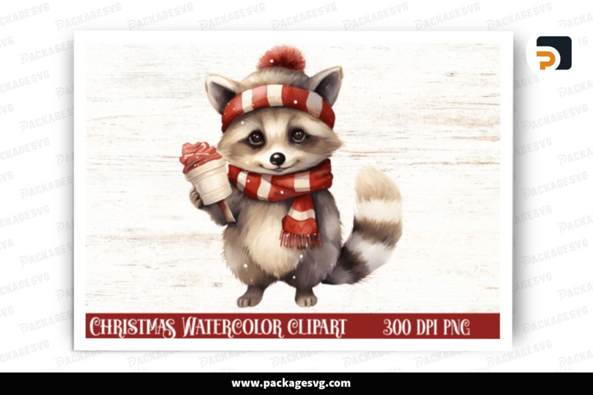 Watercolor Raccoon Christmas Clipart, PNG Sublimation Design Free Download