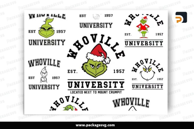 Whoville Grinch University SVG Bundle, 8 Christmas Design Files (1)