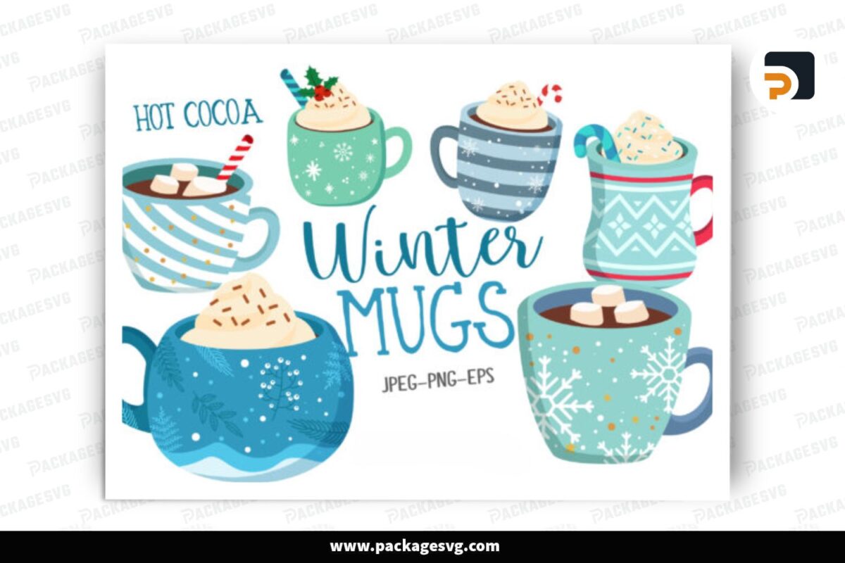 Winter Hot Cocoa Mugs, 6 PNG Sublimation Design Free Download
