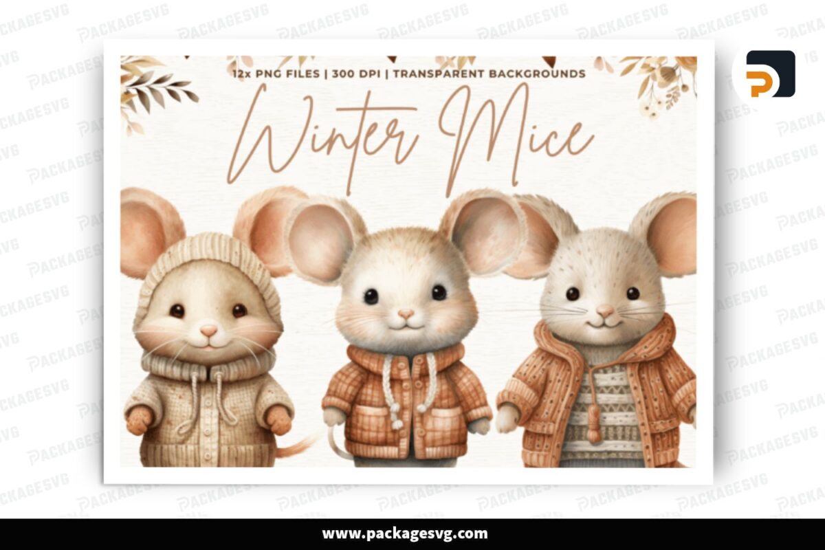Winter Mice Clipart Bundle, 12 PNG Sublimation Design Free Download