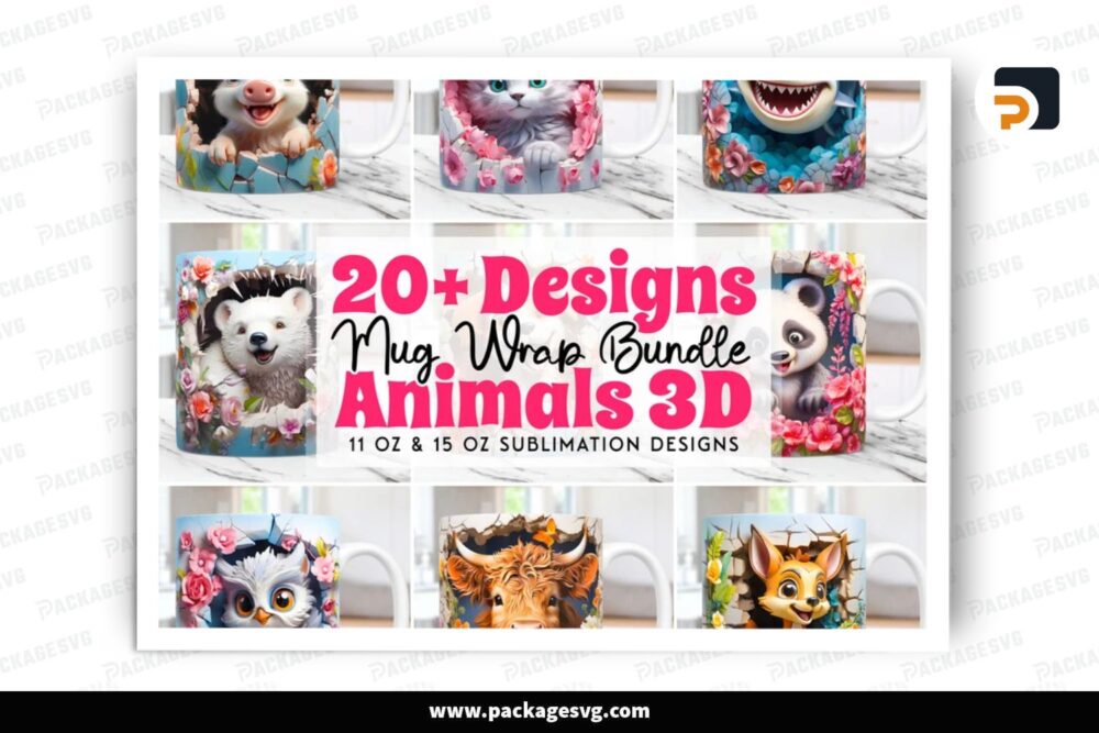 3D Animals Sublimation Design Bundle, 20 11oz 15oz Skinny Mug Wrap (4)