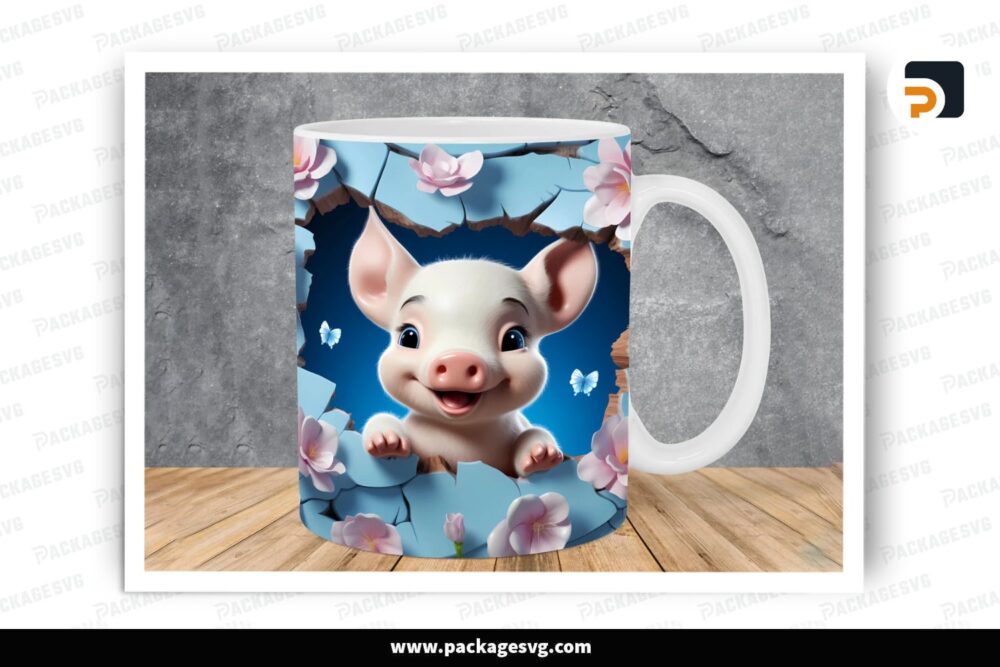 3D Baby Pig Hole In Blue Wall Sublimation Design, 11oz 15oz Skinny Mug Wrap (1)