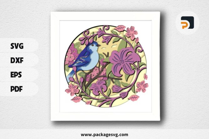 3D Bird And Flowers Shadowbox, SVG Paper Cut File (1)