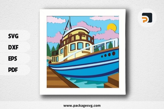 3D Blue Boat Shadowbox, Wharf SVG Paper Cut File LR720QKY (1)