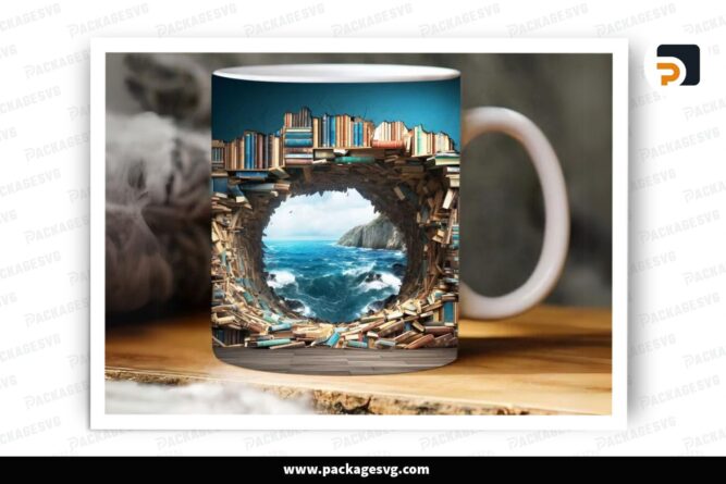 3D Book Ocean Sublimation Design, 11oz 15oz Book Lover Skinny Mug Wrap (2)