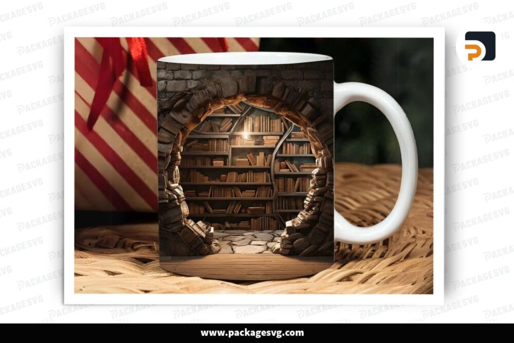 3D Bookshelf Crack Hole Sublimation Design, 11oz 15oz Skinny Mug Wrap (2)