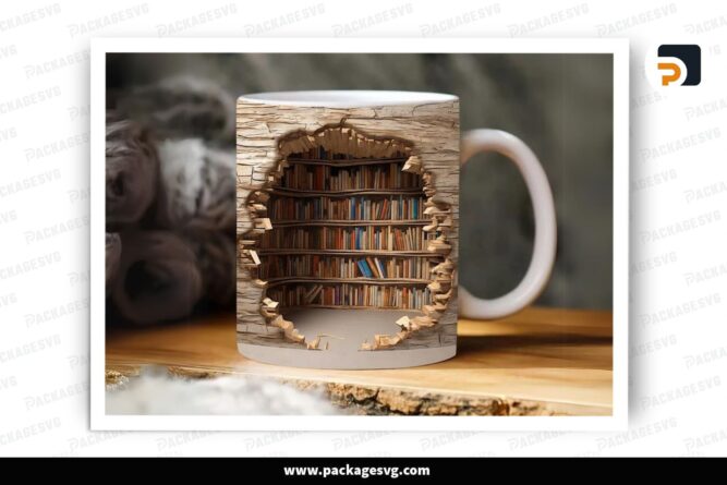3D Bookshelf Sublimation Design, 11oz 15oz Skinny Mug Wrap (2)