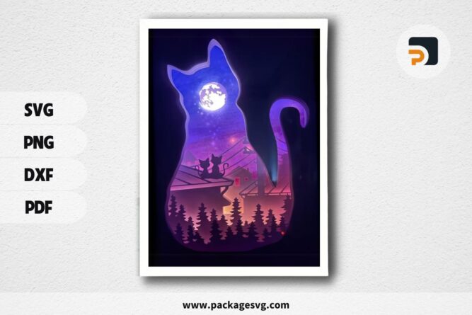 3D Cats On The Roof Shadowbox, SVG Paper Cut File LROOQ13A (2)
