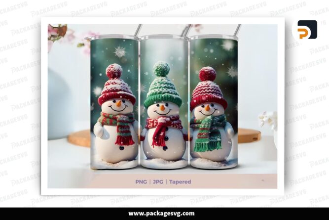 3D Christmas Snowman Sublimation Design, 20oz Skinny Tumbler Wrap (2)