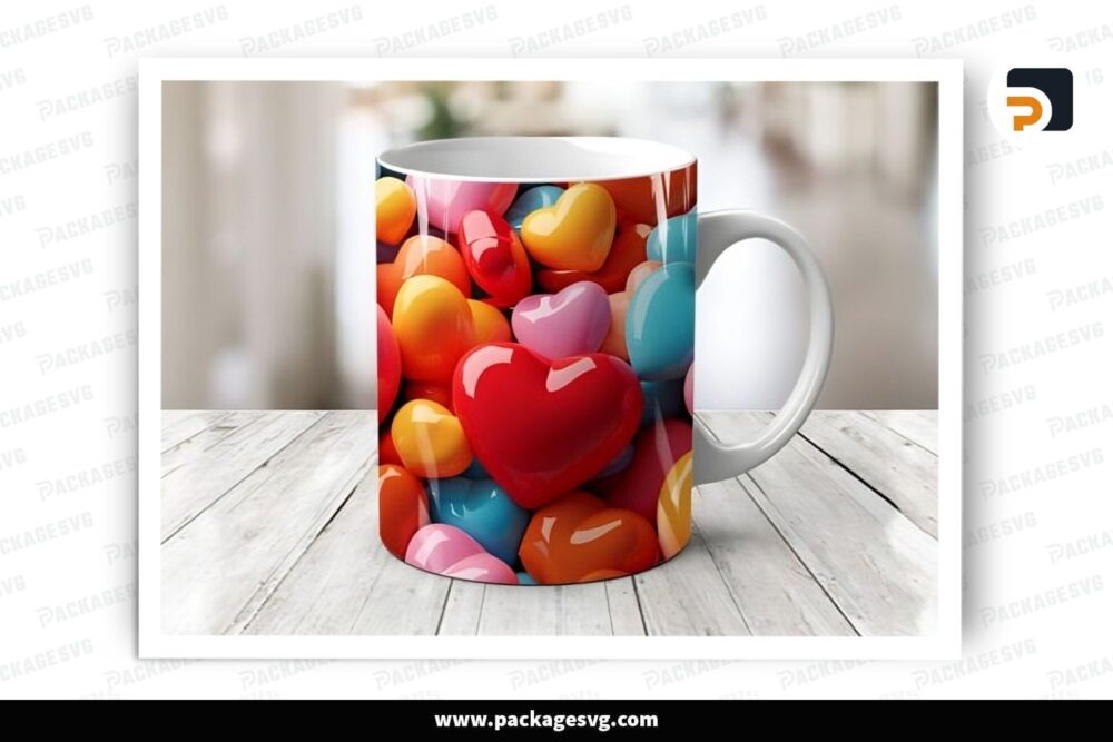 3D Colorful Heart Sublimation Design, 11oz 15oz Valentine Skinny Mug Wrap