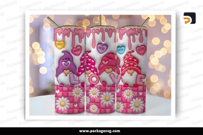 3D Inflated Love Gnome Sublimation Design, 20oz Valentine Skinny Tumbler Wrap (2)