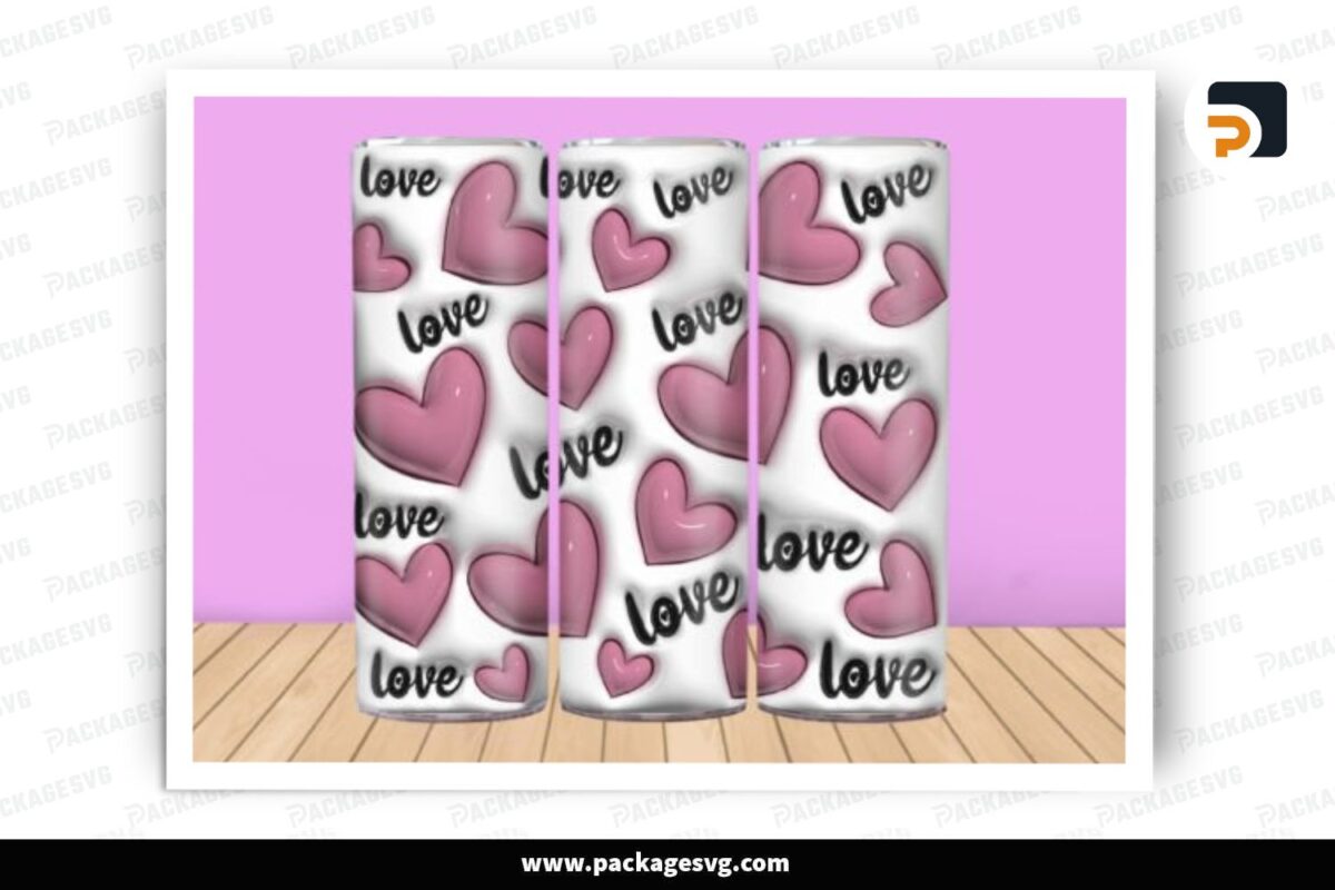3D Inflated Pink Love Sublimation, 20oz Skinny Tumbler Wrap Free Download