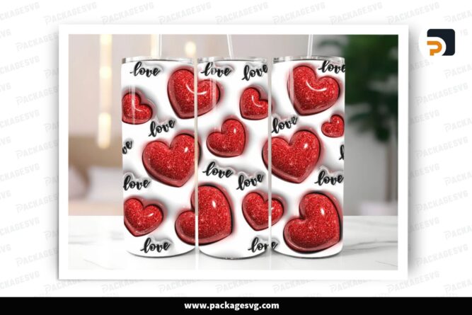3D Inflated Red Glitter Hearts Sublimation Design, 20oz Valentine Skinny Tumbler Wrap LRU41YF8 (2)