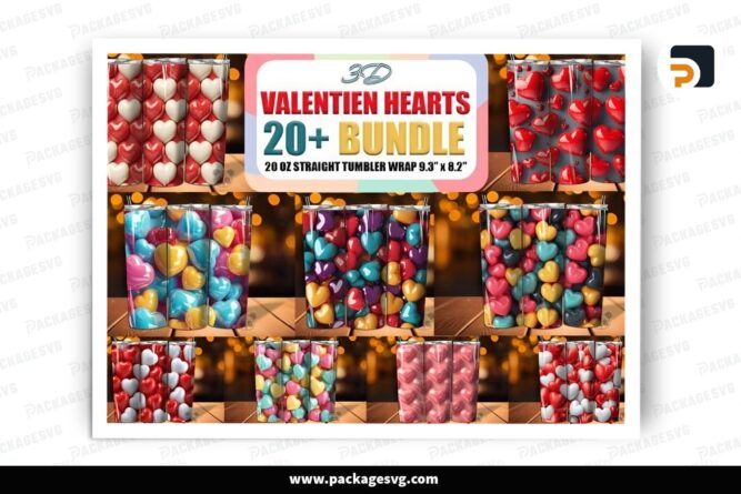 3D Inflated Valentine Heart Sublimation Design Bundle, 24 20oz Skinny Tumbler Wrap (9)