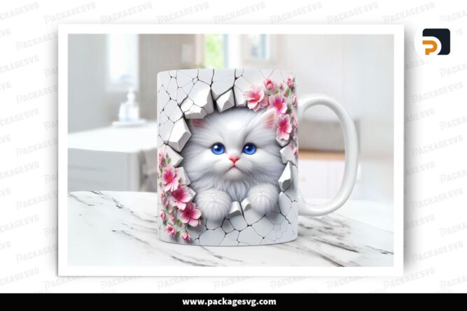 3D Kitten Hole Flower Sublimation Design, 11oz 15oz Skinny Mug Wrap (2)