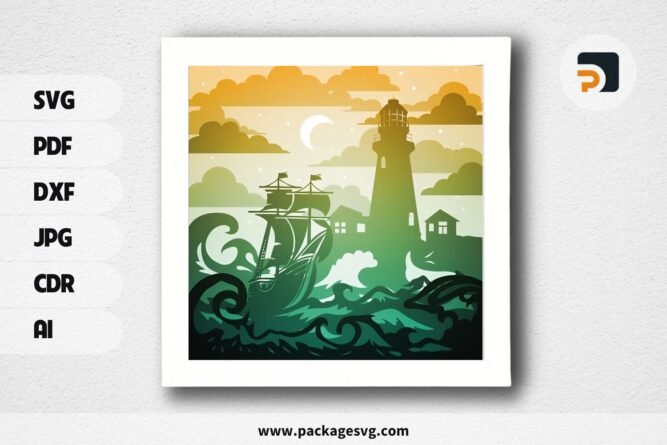 3D Lighthouse In The Night Shadowbox, SVG Paper Cut File LQYMFECX (1)