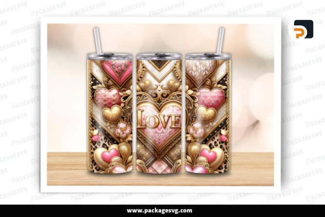 3D Love Gold Hearts Sublimation Design, 20oz Valentine Skinny Tumbler Wrap (2)