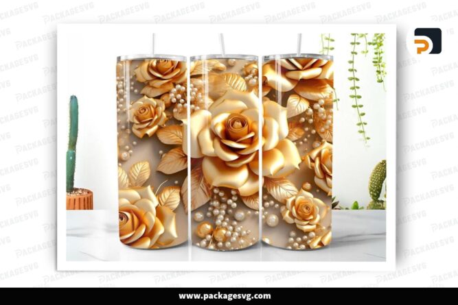 3D Pearl Gold Roses Flowers Sublimation Design, 20oz Skinny Tumbler Wrap (2)